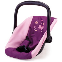 BAYER DESIGN doll car seat in pink and purple fabric with a black plastic frame and five-point harness for dolls playsets.