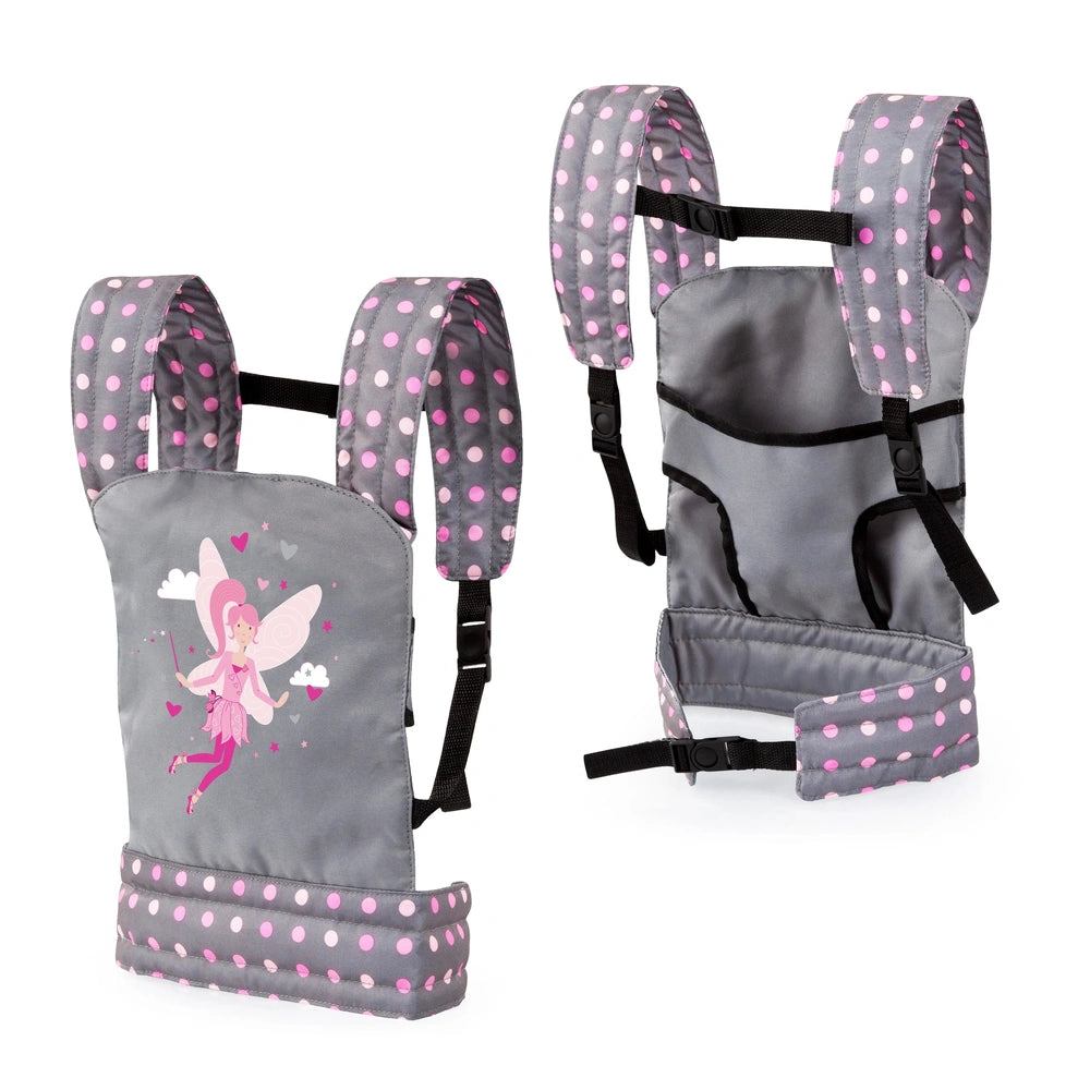 BAYER DESIGN Doll Carrier in gray with pink polka dots and fairy design, featuring two straps, zipper compartment, and waist 
