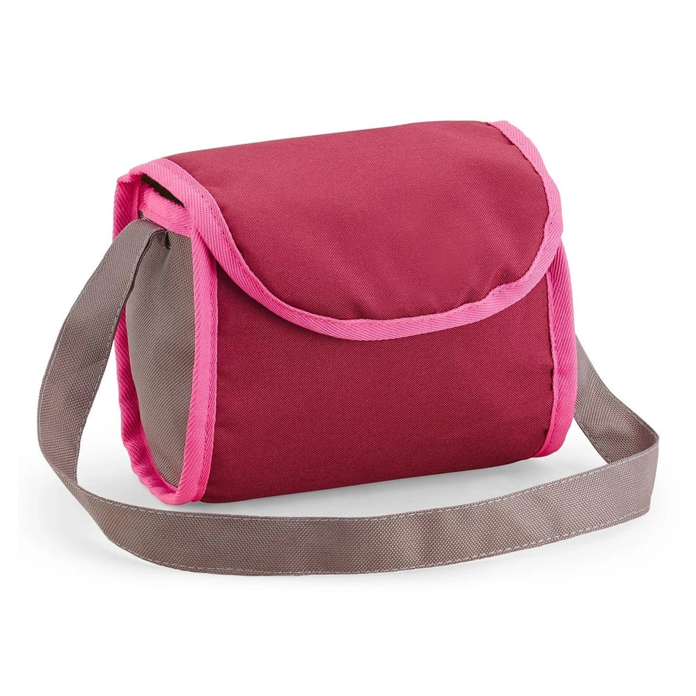 BAYER DESIGN Dolls Pram in trendy red and gray, featuring a fabric main compartment and maroon synthetic leather strap.