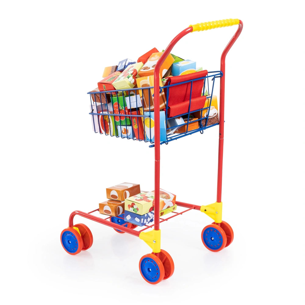 BAYER DESIGN shopping cart features a red frame, yellow wheels, and carries various food package items for dolls playsets.
