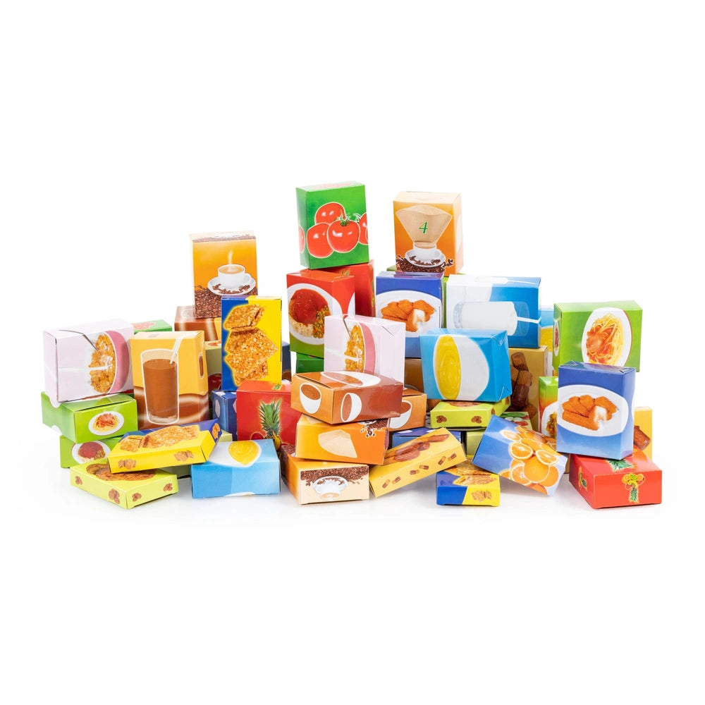 BAYER DESIGN shopping cart toy with various food packages displayed in colorful boxes, featuring a transparent plastic window