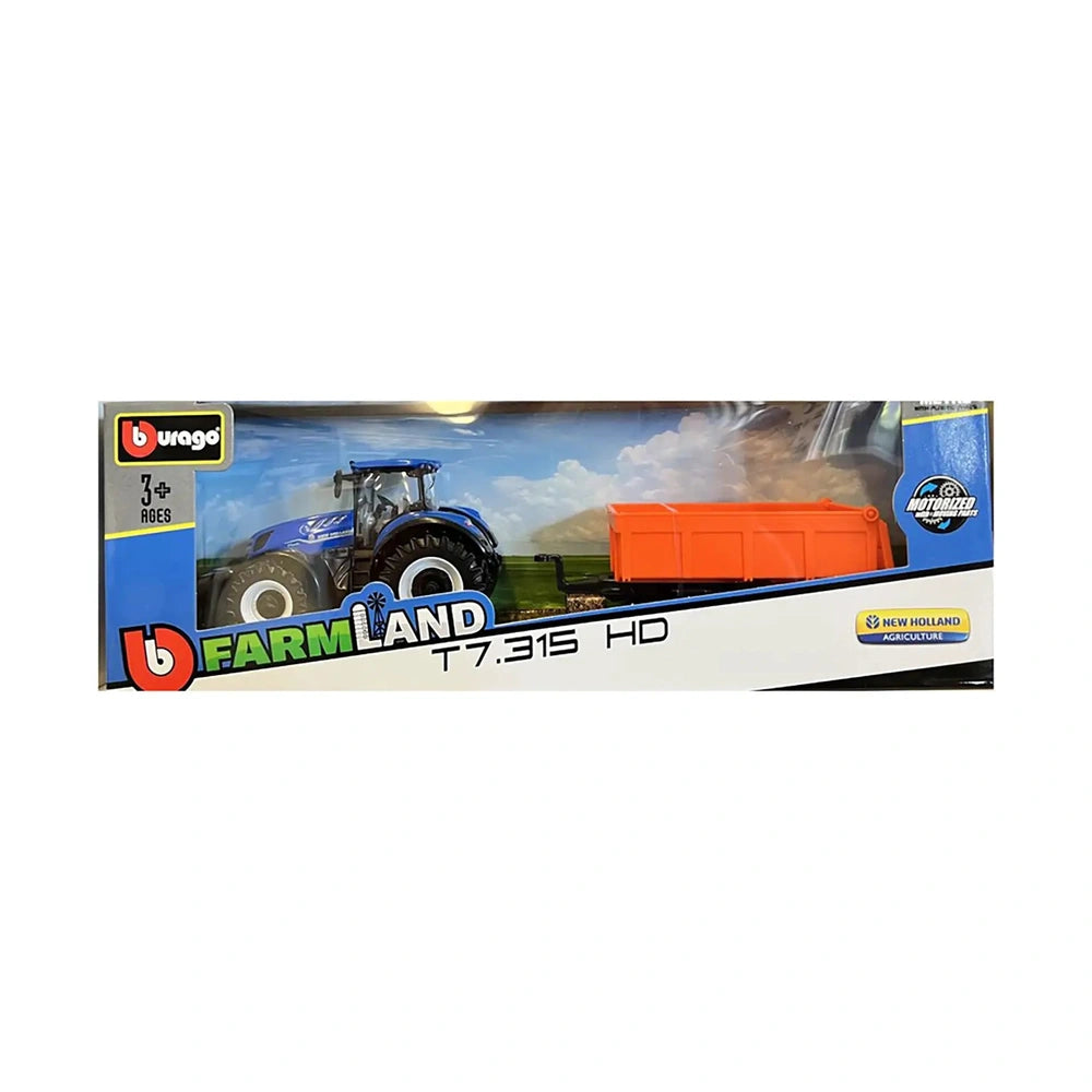 BBURAGO Farm Tractors with Trailer packaging features glossy and matte materials, showcasing a T7.315 HD model against a blue