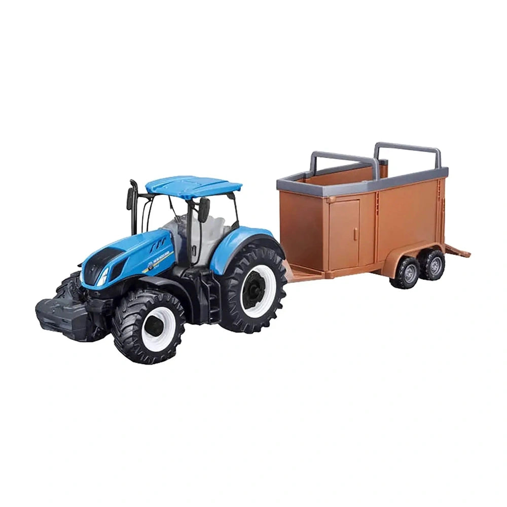 BBURAGO motorized die-cast metal farm tractor with blue roof and brown trailer, featuring black tires and gray handle.