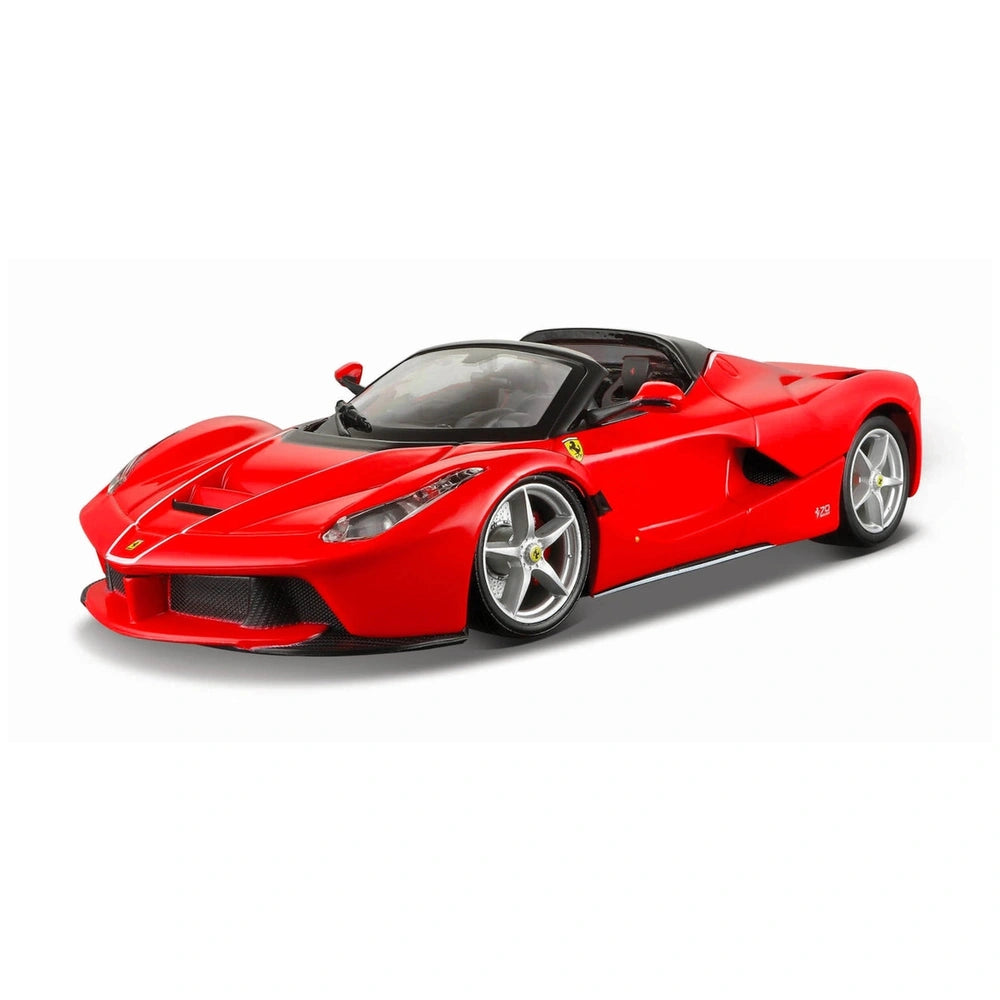 Ferrari Race Play 1:24 die cast vehicle in glossy red with silver wheels, tinted windows, and detailed components.