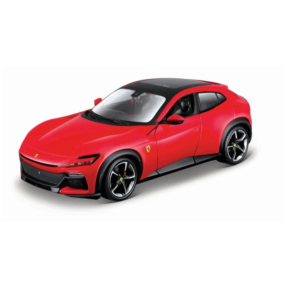 BBurago Ferrari Race Play 1:24 die cast vehicle in red with glossy body, black roof, and matte black wheels on a front view.