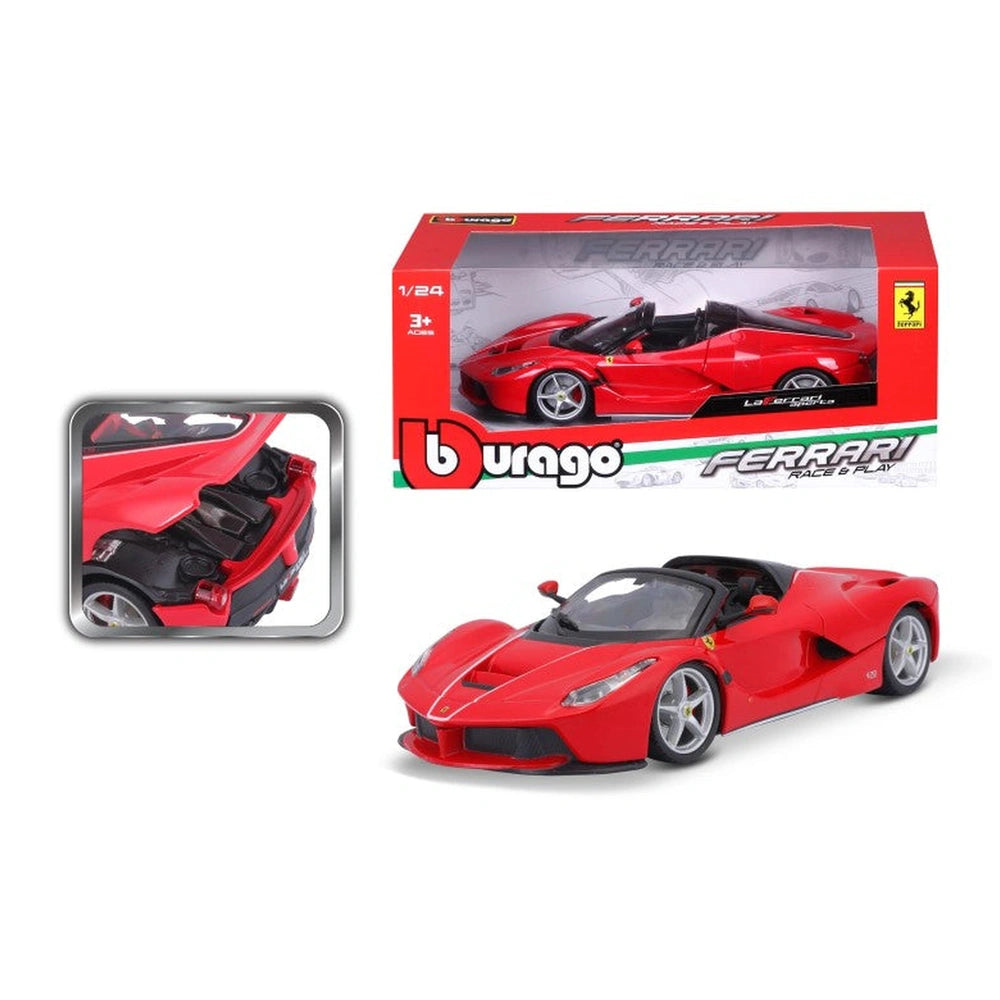 BBurago Ferrari La Ferrari Aperta 1:24 play vehicle in red with glossy packaging and yellow logo, featuring black details.