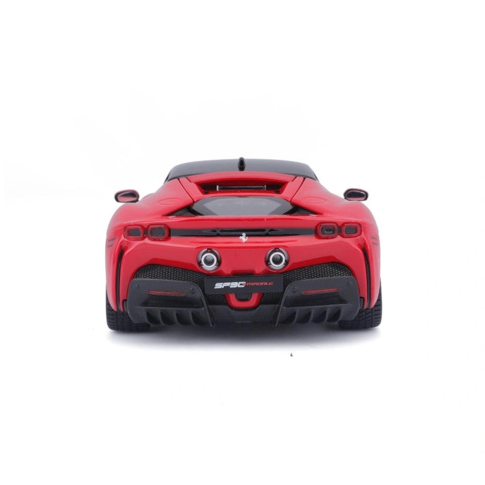 BBurago Ferrari SF90 Stradale die-cast model in glossy red with black mesh grille, sleek design, and visible front components
