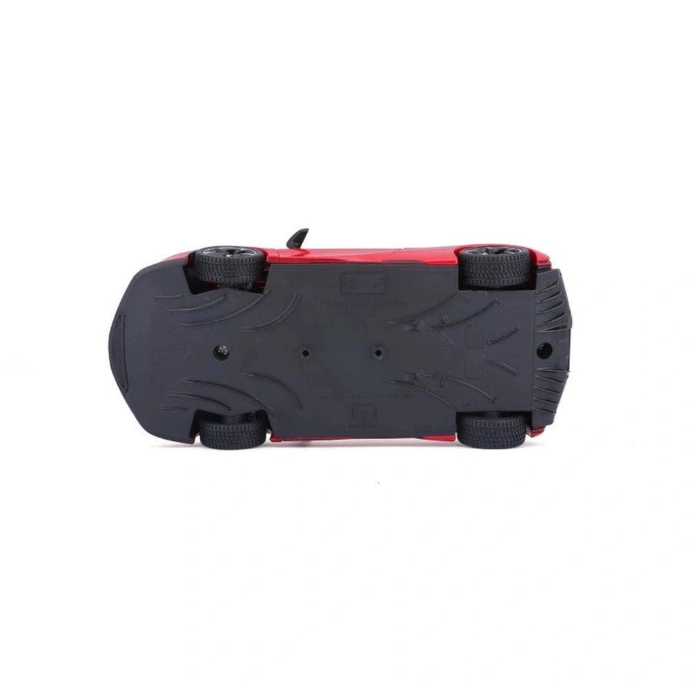 Ferrari SF90 Stradale 1:24 die-cast model with a red edge, black wheels, and textured surface, displayed front view.