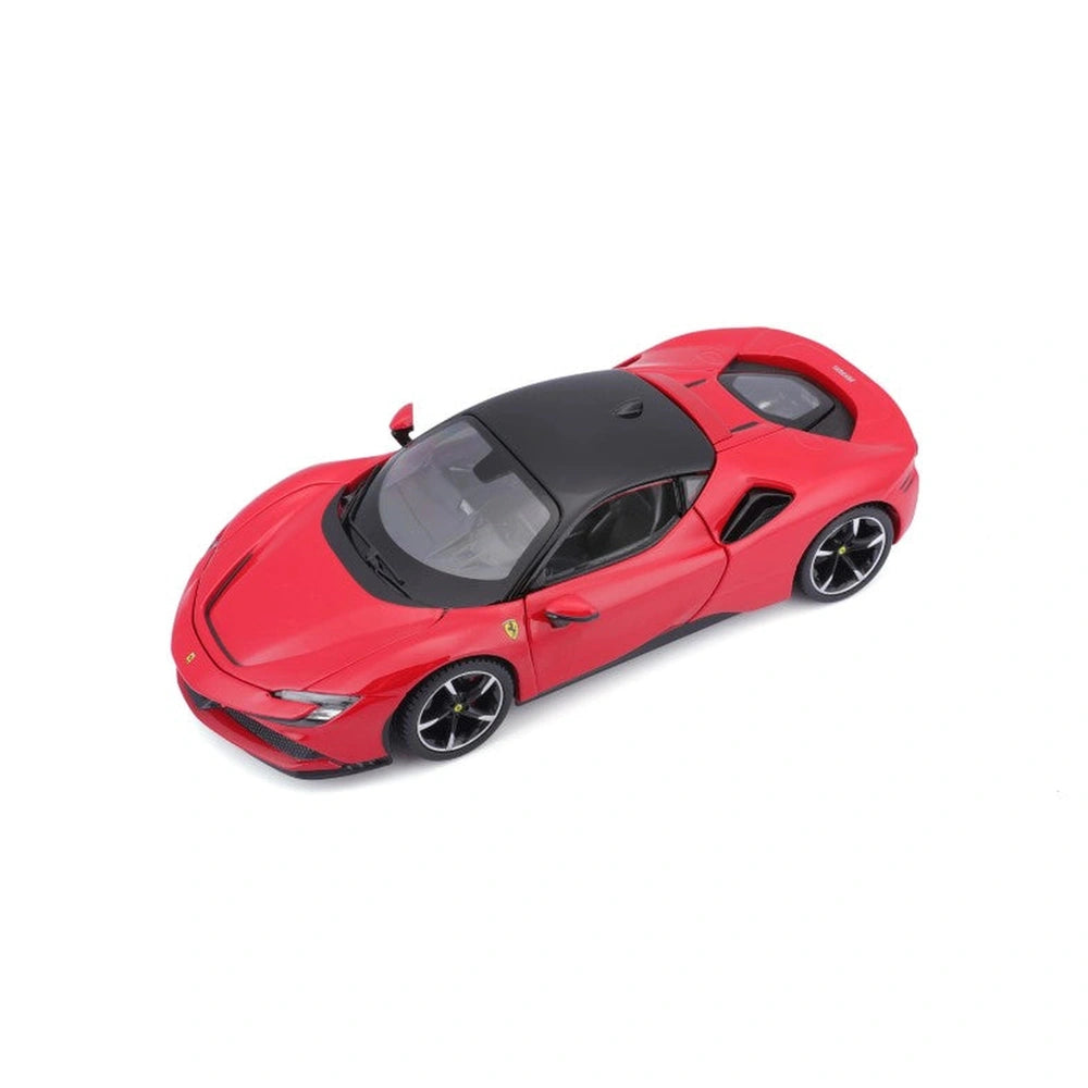 Ferrari SF90 Stradale 1:24 die-cast model in glossy red with black roof, tinted windows, and detailed front features.