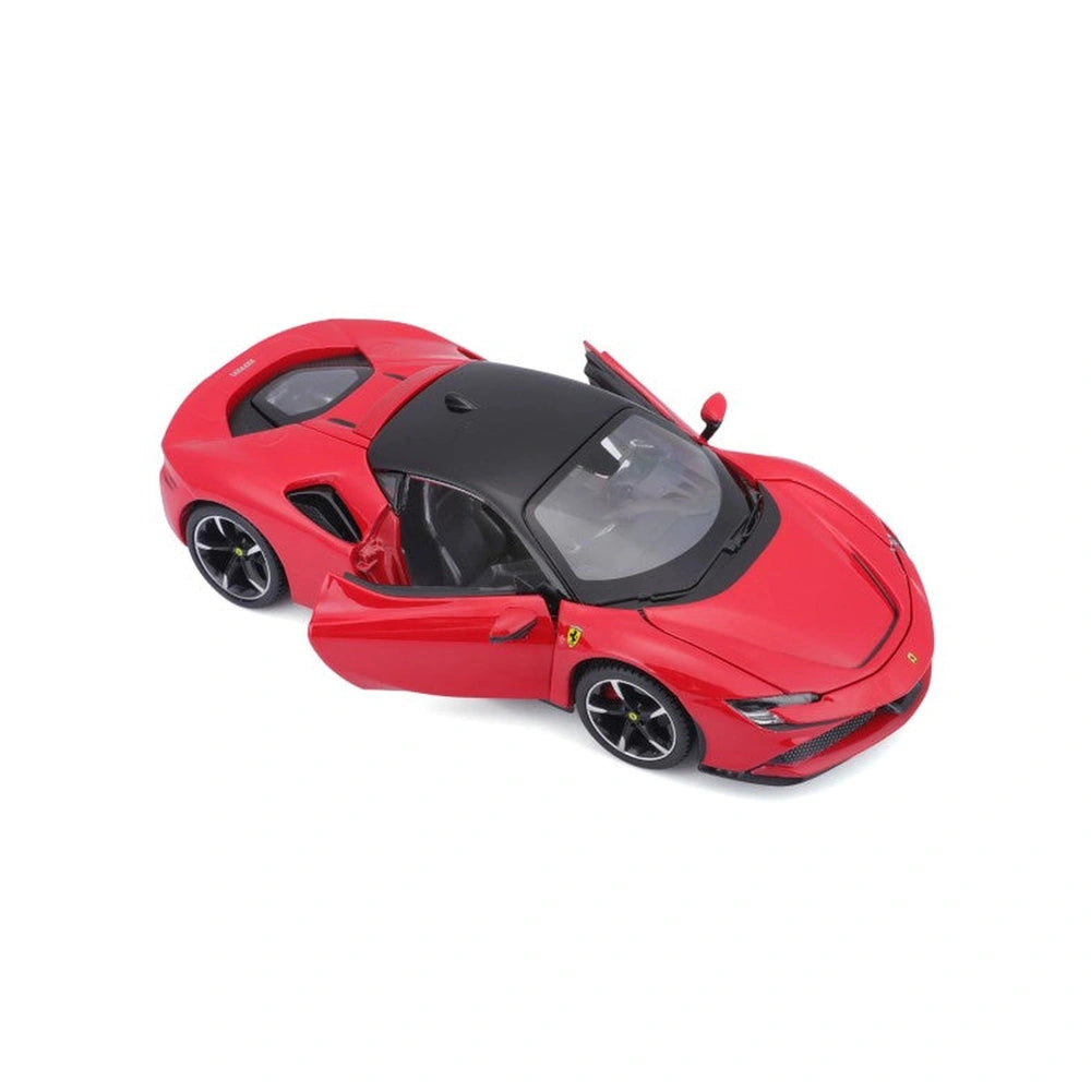 Ferrari SF90 Stradale 1:24 die-cast vehicle in red and black with detailed features including clear windows and black trims.
