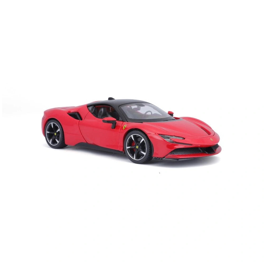 BBurago Ferrari SF90 Stradale 1:24 die cast model in glossy red with matte black roof, clear windows, and detailed wheels.