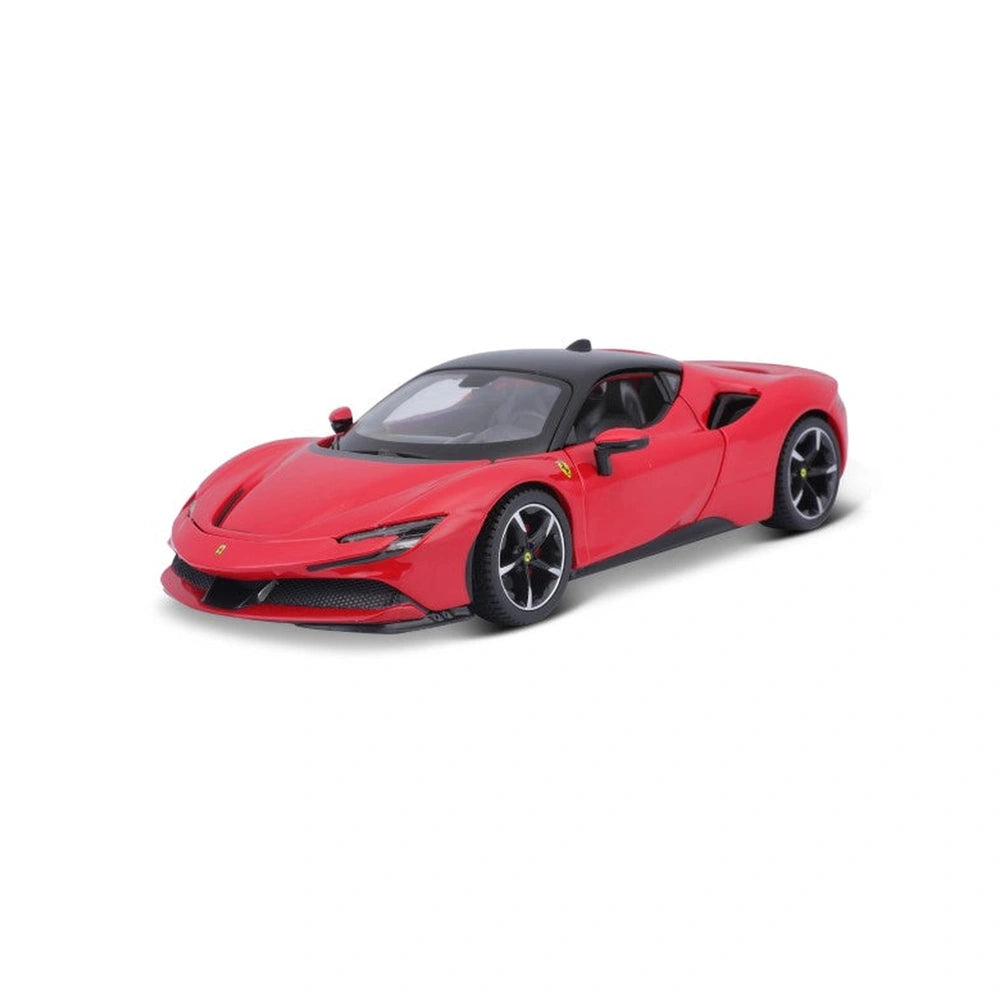 Ferrari SF90 Stradale die-cast model in glossy red with black wheels, sleek design, and detailed features like a spoiler and 