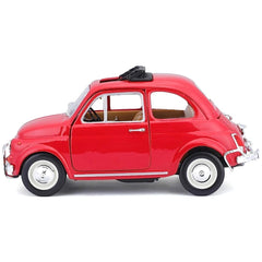 BBurago Fiat 500L 1968 die-cast vehicle in red with white wheels, black roof rack, and chrome accents, featuring clear window