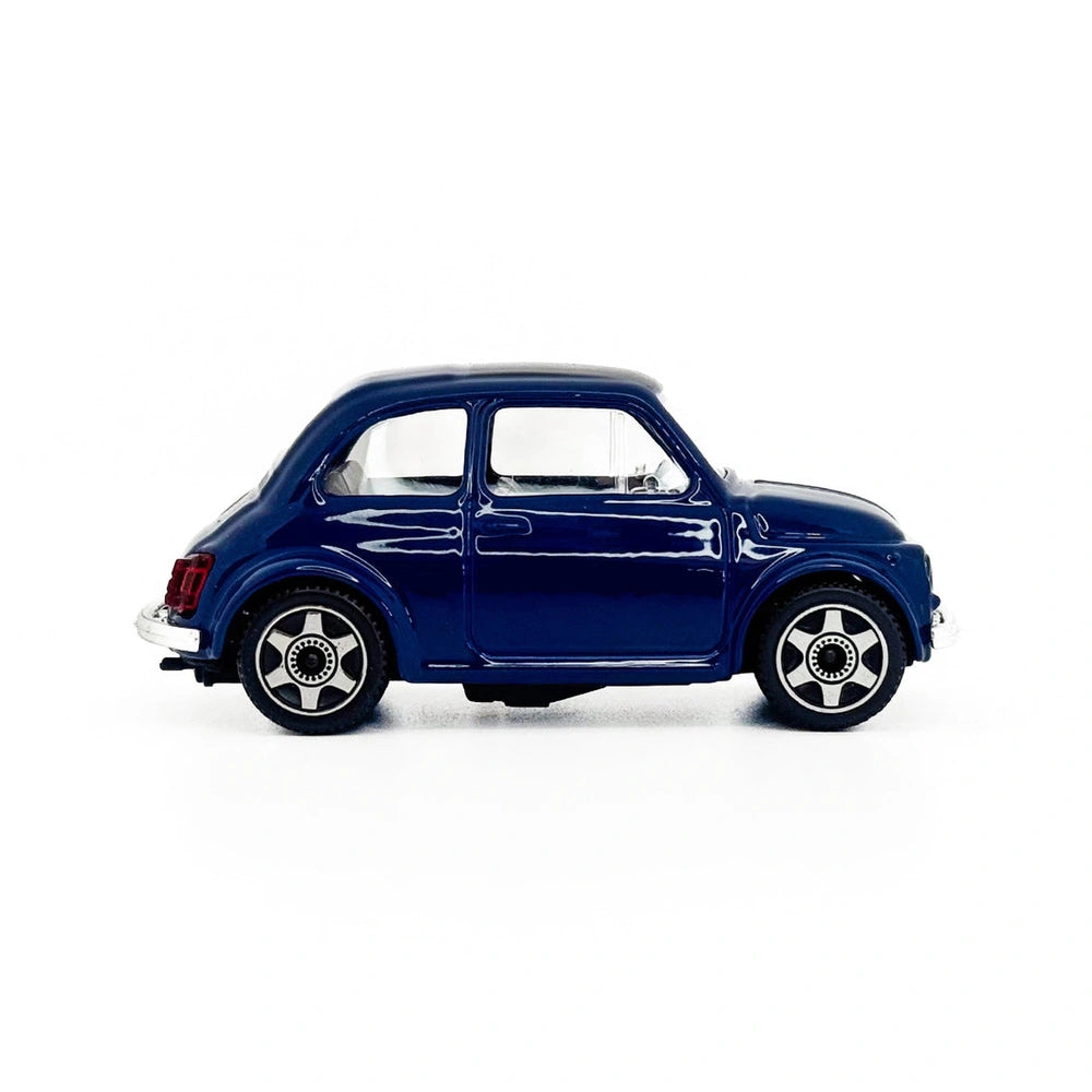 BBurago Street Fire Fiat 500 1965 die-cast vehicle in blue with glossy finish, black wheels, and detailed components.