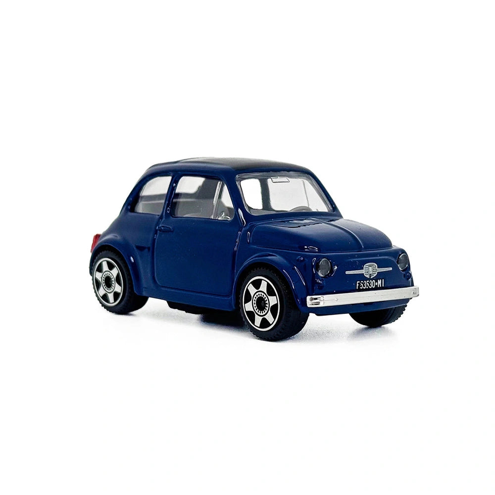 BBurago Street Fire Fiat 500 1965 die-cast vehicle in blue with detailed components and F530-MI license plate.
