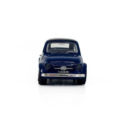 BBurago Street Fire Fiat 500 1965 die-cast model in blue with visible license plate F5330-MI, centered in the image.