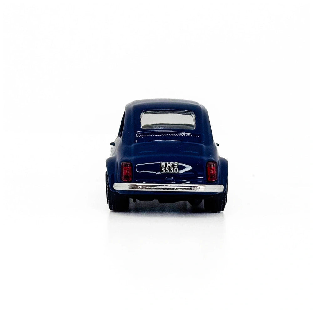 BBurago Street Fire Fiat 500 1965 die-cast vehicle in glossy blue with matte roof, featuring transparent windows and detailed