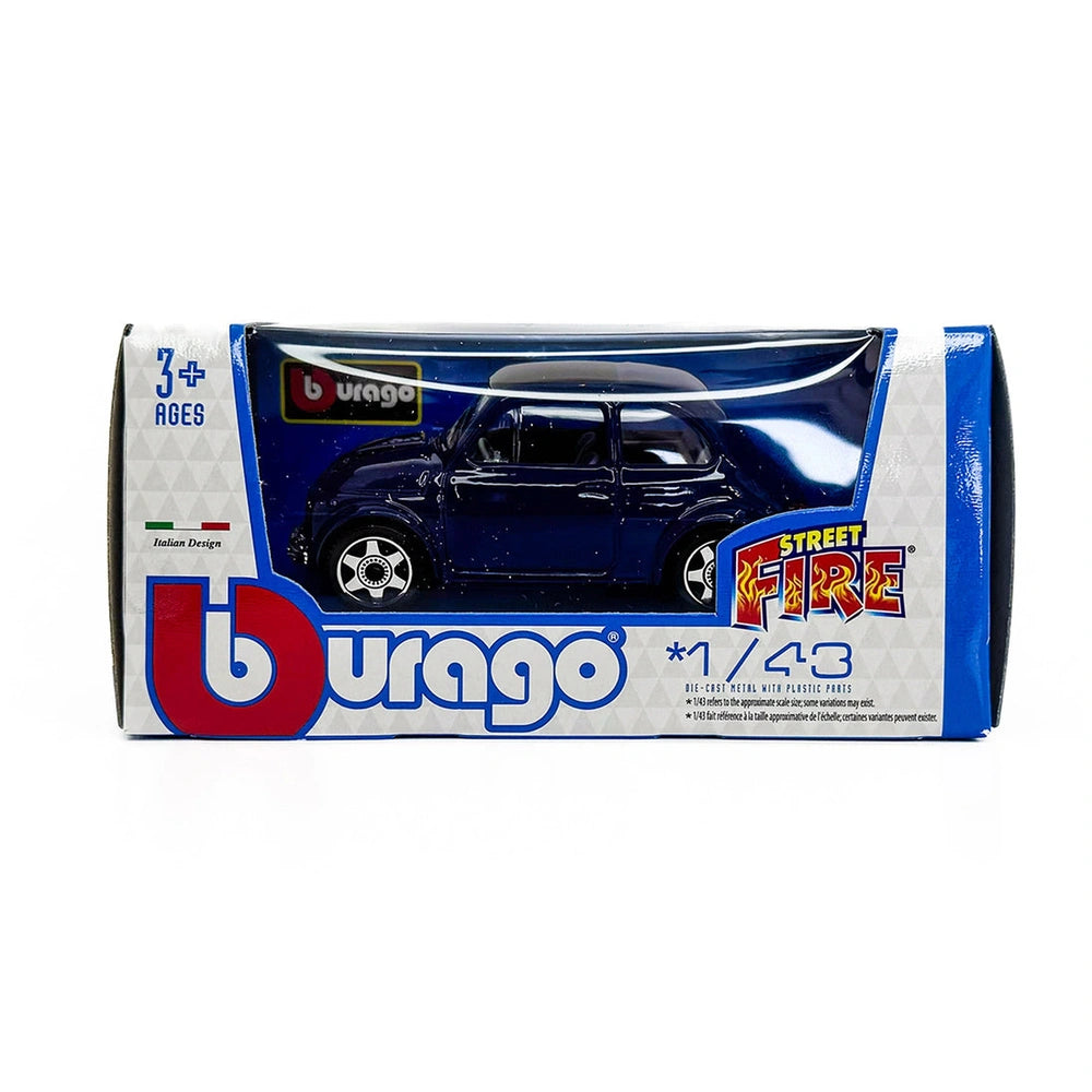 BBurago Street Fire Fiat 500 1965 die-cast vehicle packaging in blue and white with graphics and printed text on a white back