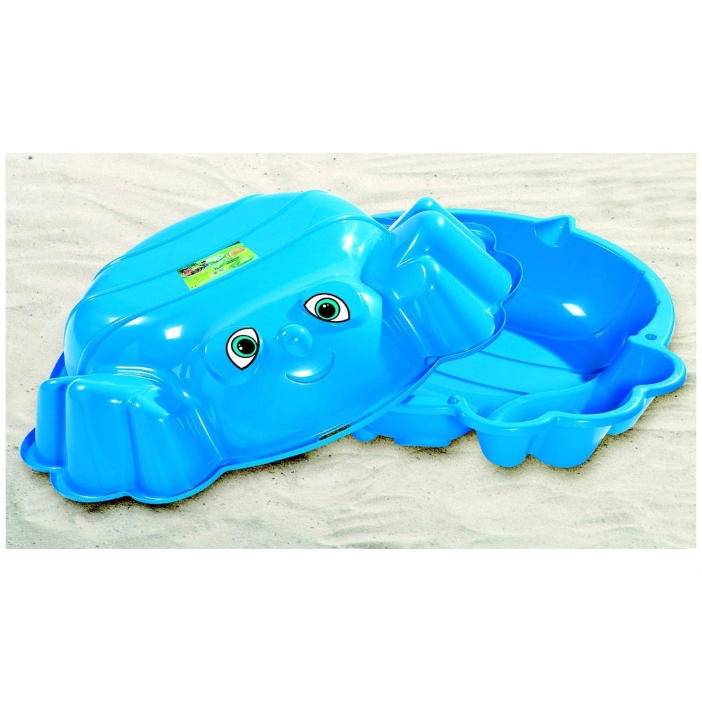 Blue double crab sandbox with flippers and a face, featuring a large shell and a matching lid for outdoor play.