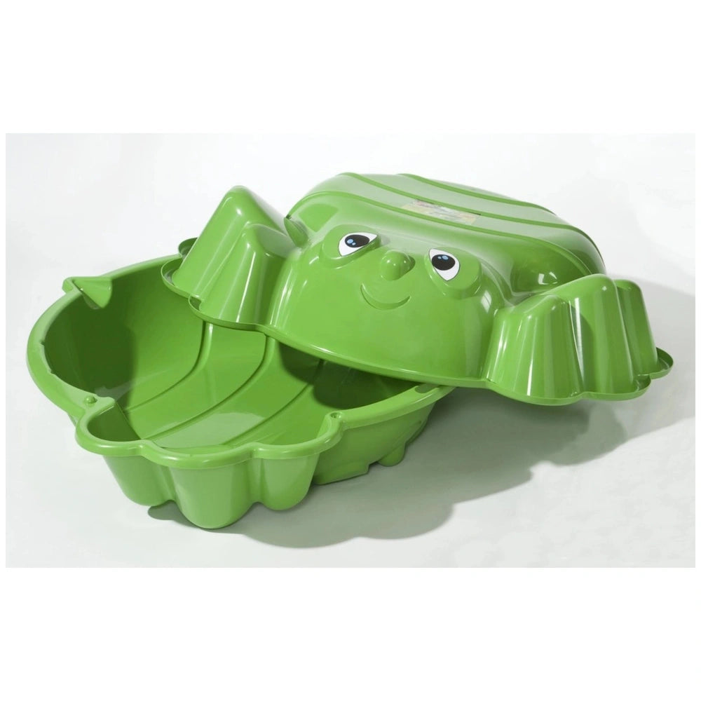 Beach Bee Double Crab Sandbox features a glossy green turtle shell with a matte interior and a hinged lid for outdoor play.