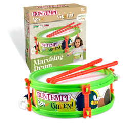 Bontempi Marching Drum set in green, featuring a clear window, red mallets, and child figure on brown cardboard packaging.