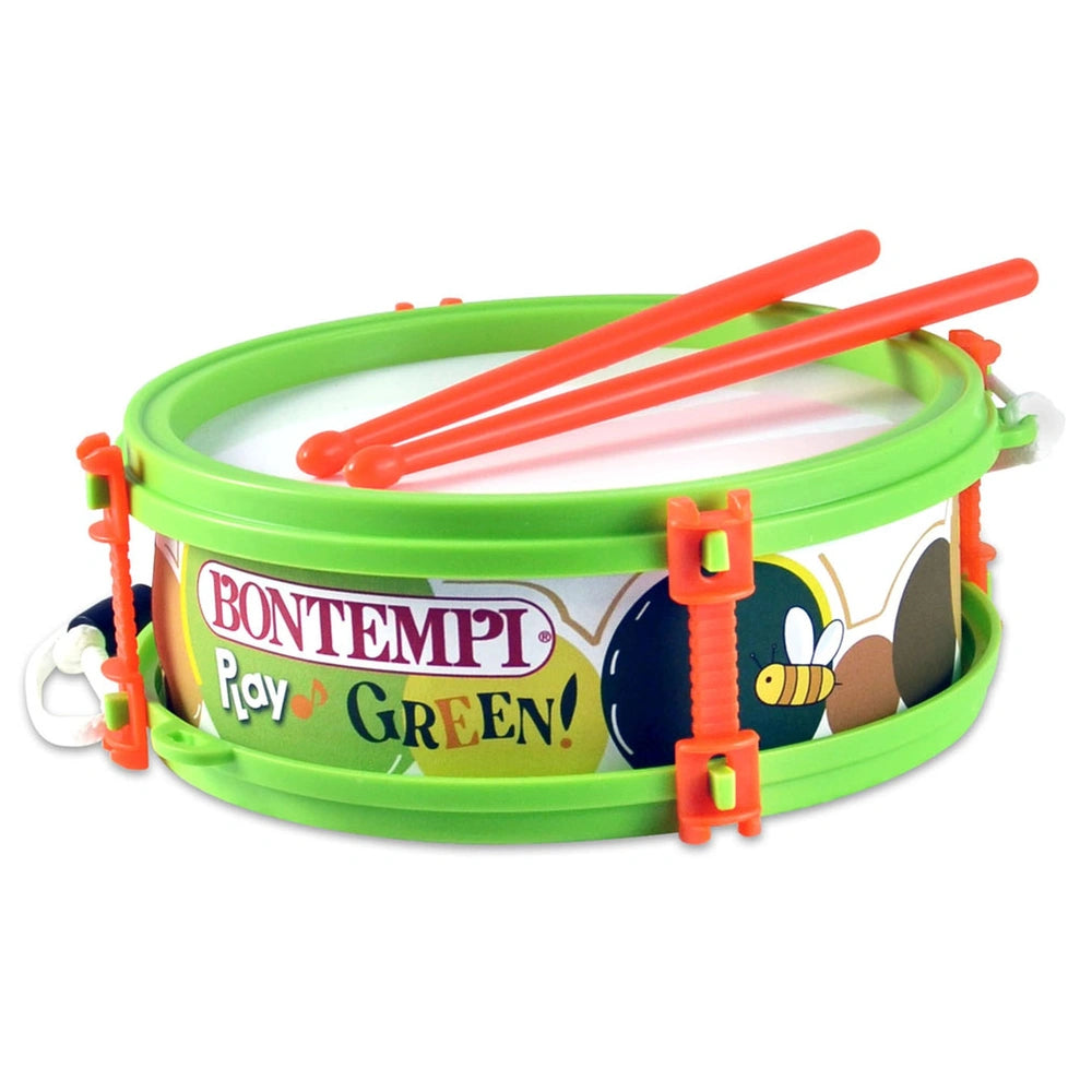 Bontempi Marching Drum in green plastic with matte finish, red glossy drumsticks, and various colored rims and textures.