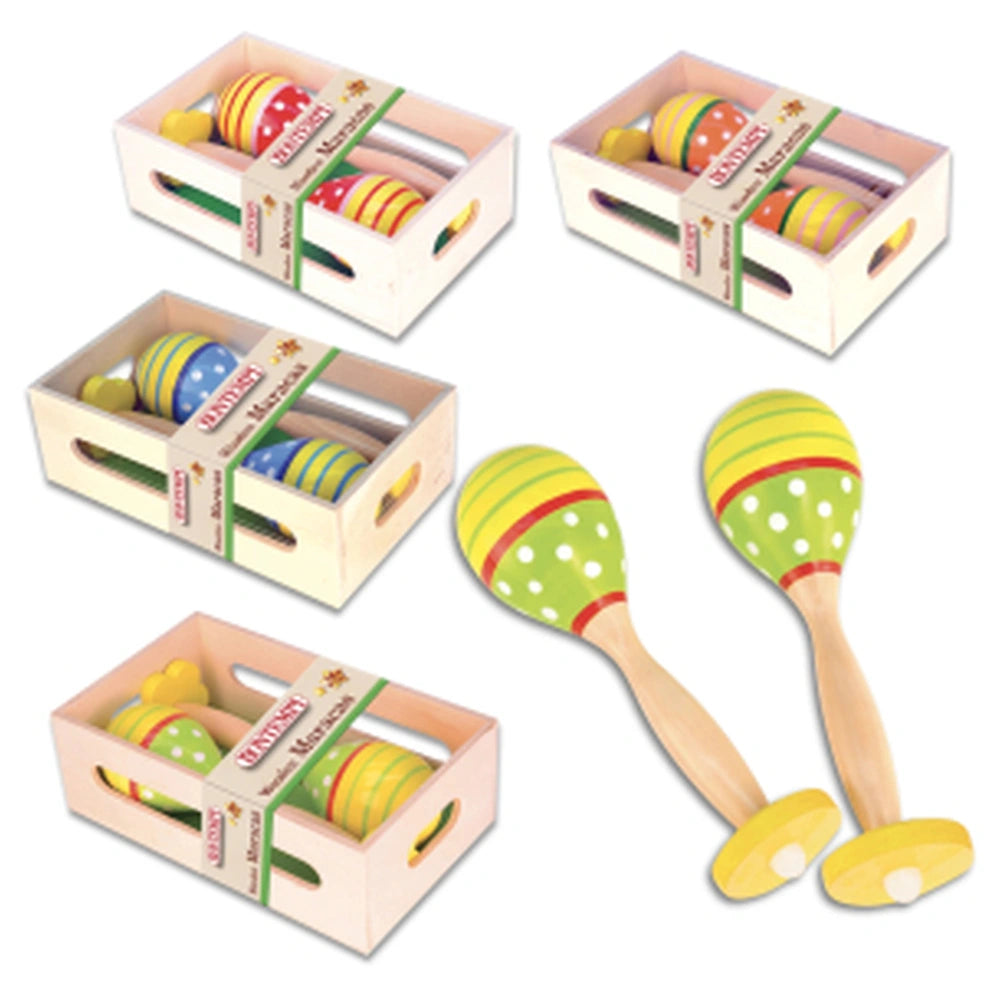 Bontempi Mini Trumpet in green with four mallets featuring polka dots and striped handles, alongside pink and white cardboard