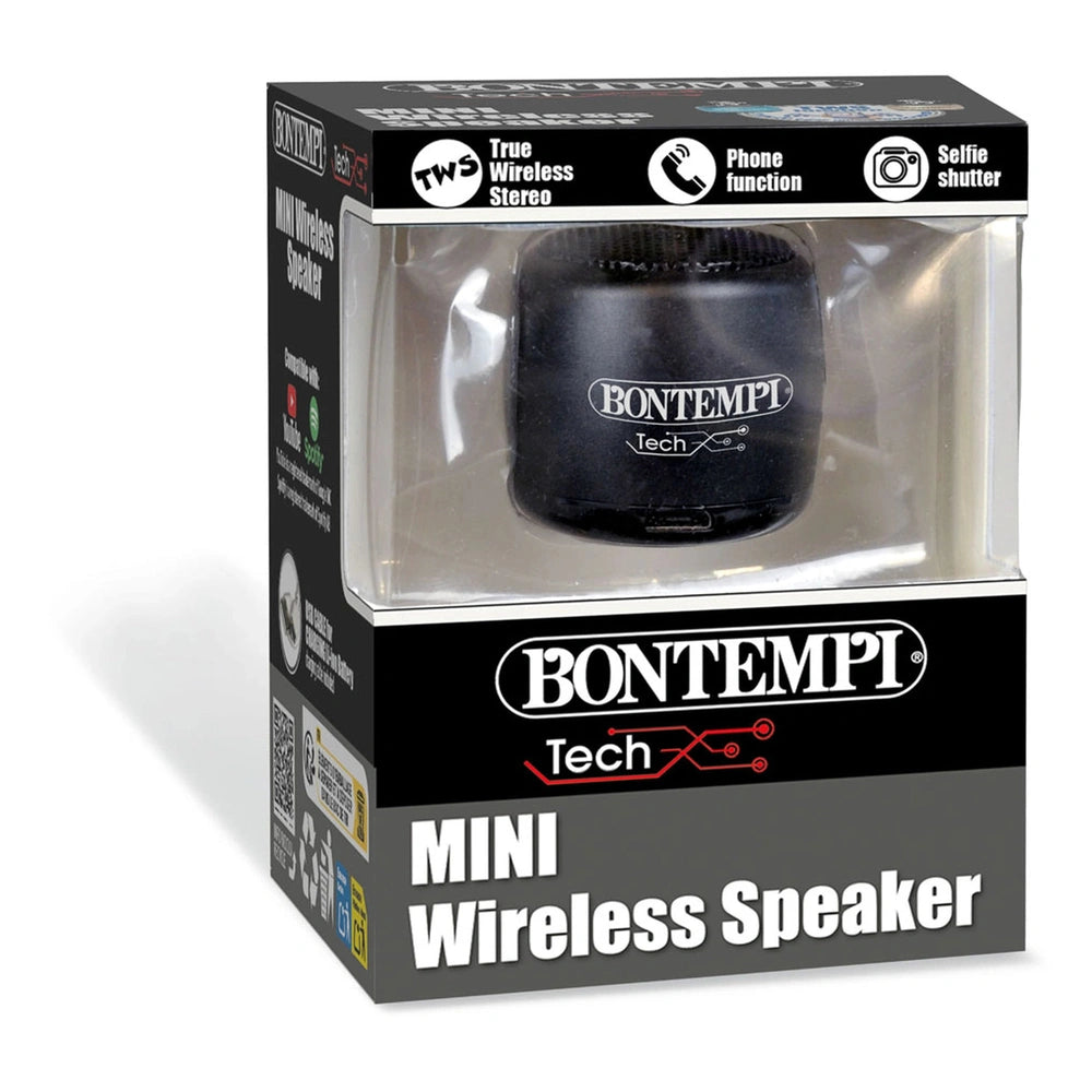 Bontempi Mini Wireless Speaker in black cardboard box with clear window, featuring white and red text highlighting features.
