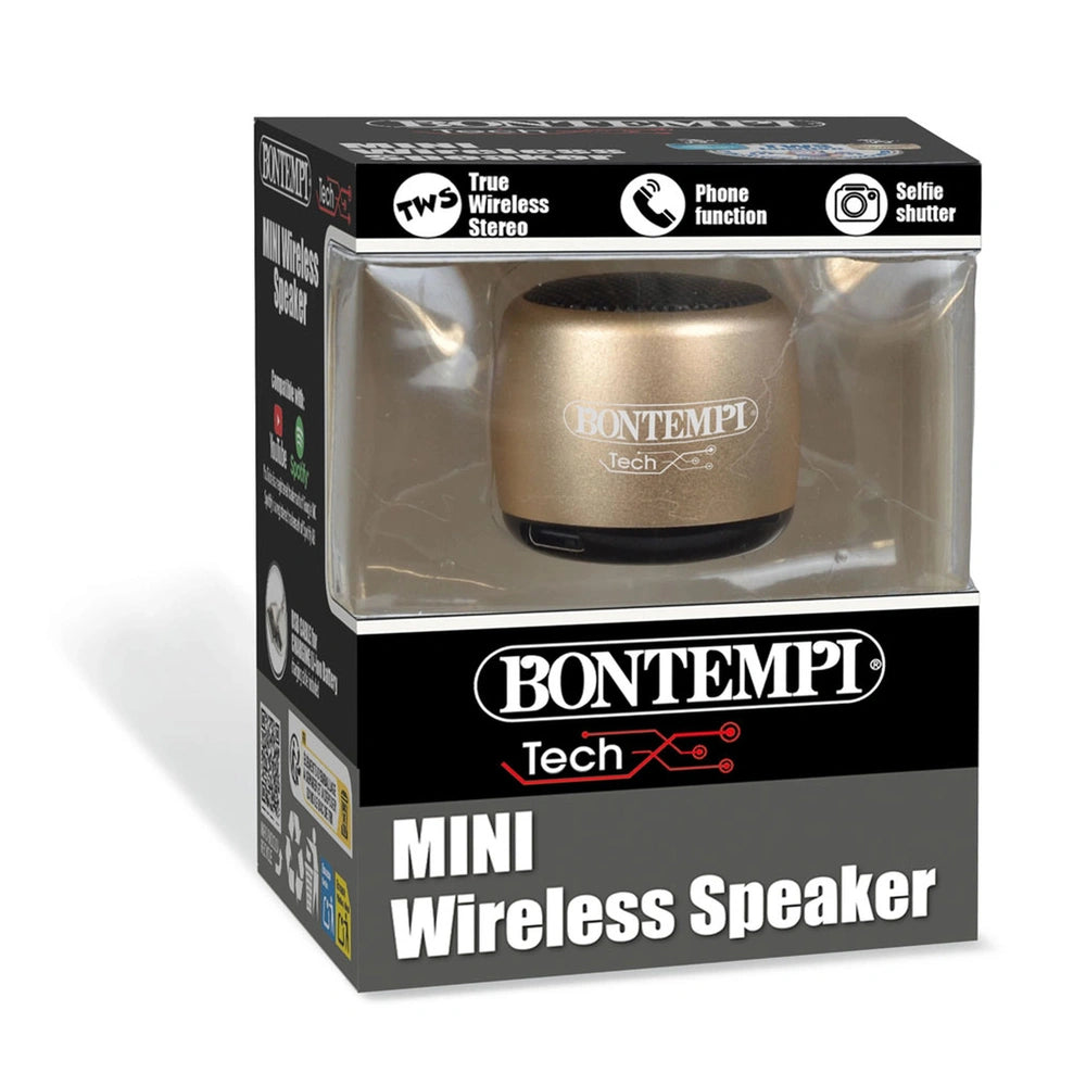 Bontempi Mini Wireless Speaker in metallic finish displayed in a black matte cardboard packaging with transparent window.