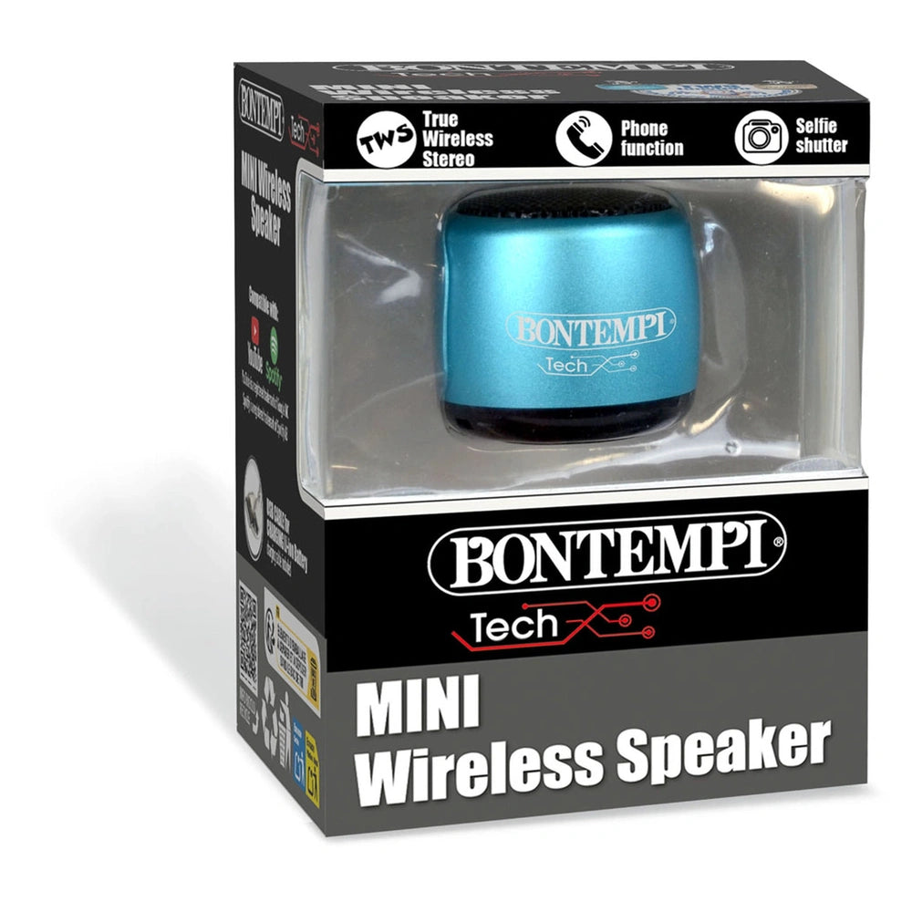 Bontempi Mini Wireless Speakers in black cardboard box with clear plastic window, featuring white text on a black background.