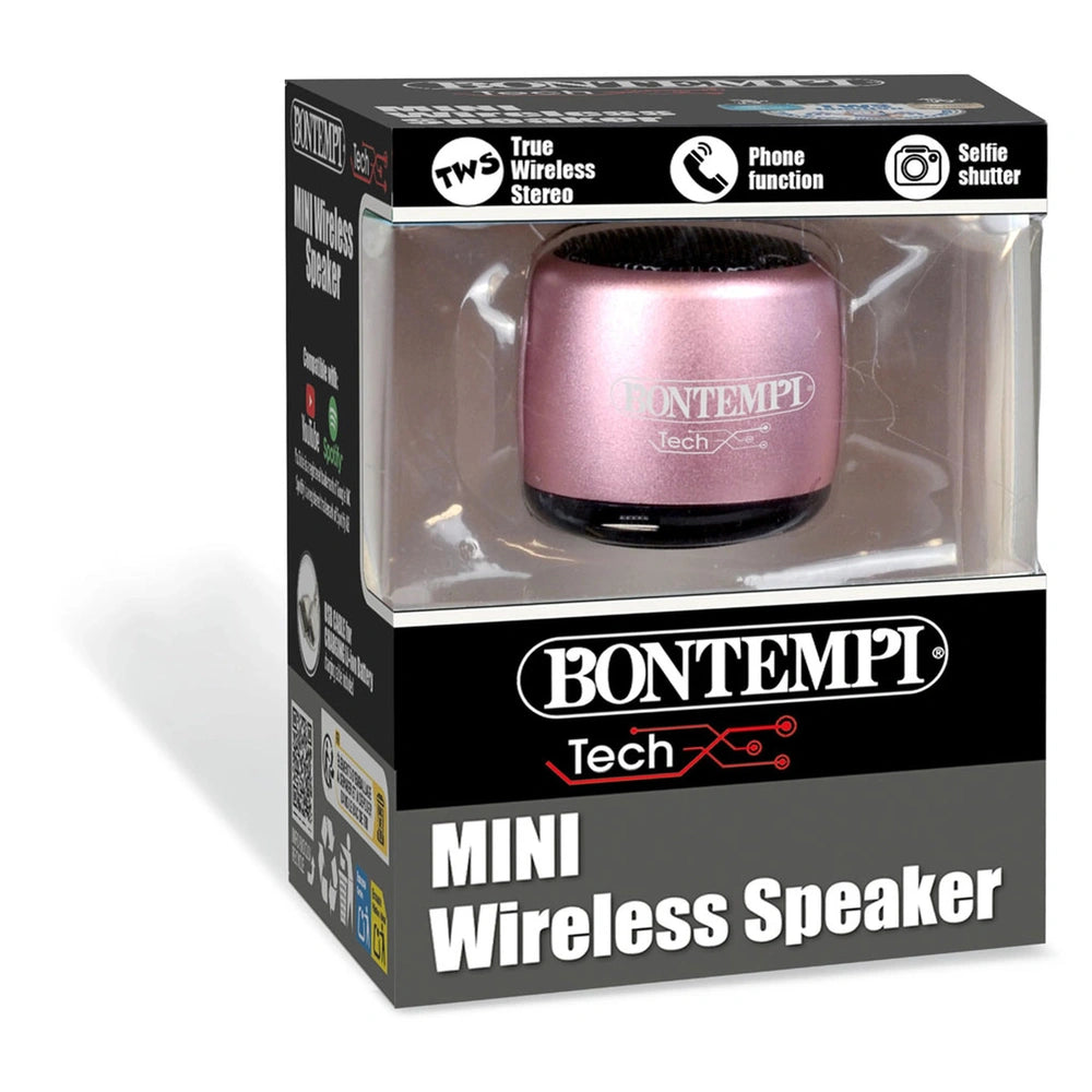 Bontempi Mini Wireless Speaker packaging in black, pink, and white with text highlighting phone function and selfie shutter.