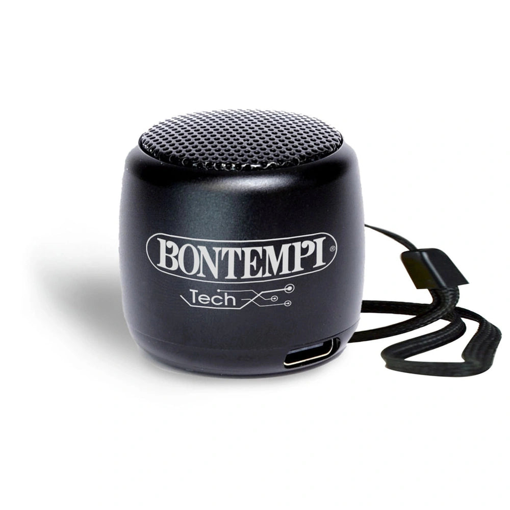 Bontempi Mini Wireless Speakers in matte black with USB port, power button, and charging cable, featuring a stylized "B" logo