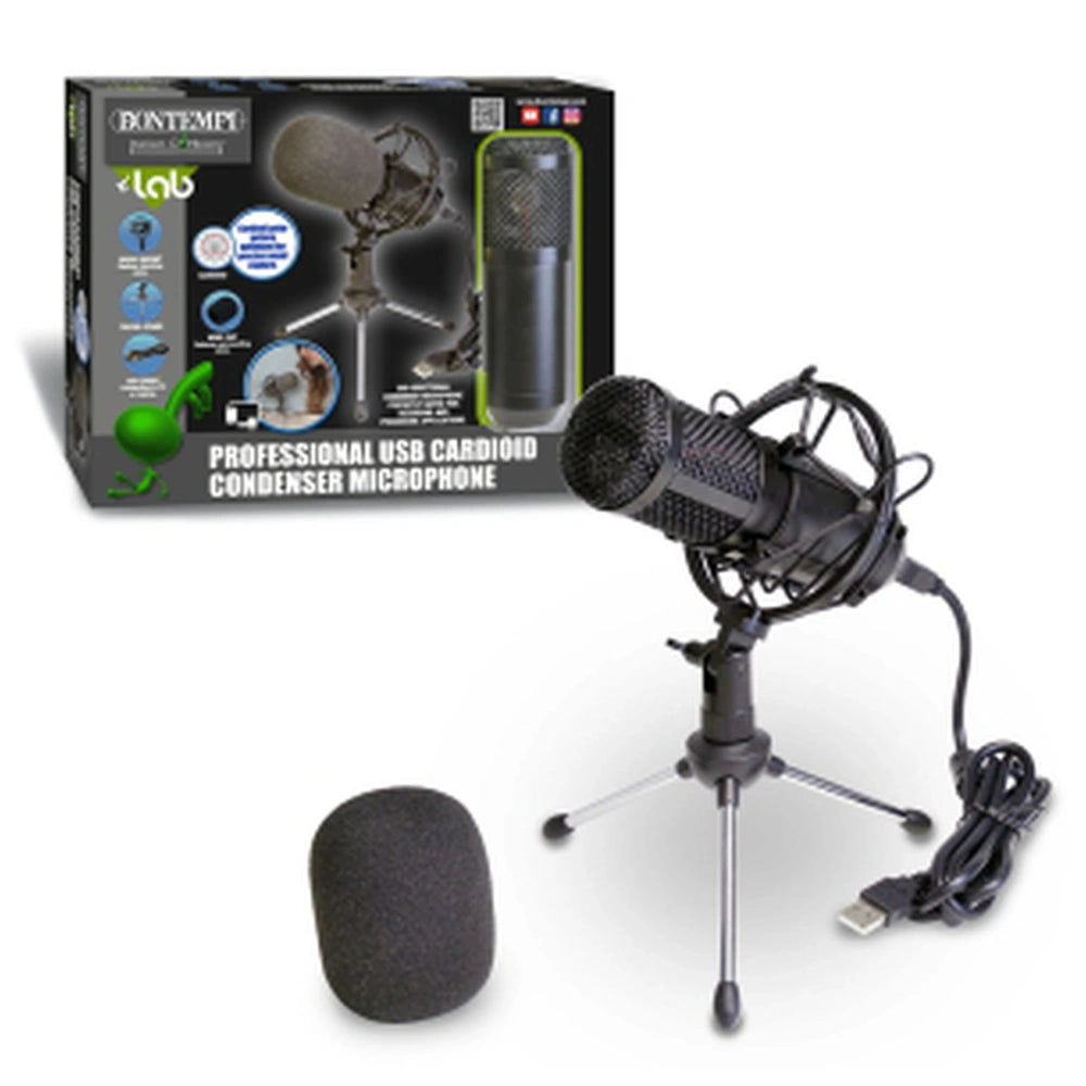 Bontempi Mini Wireless Speakers in glossy cardboard packaging with black microphone, cables, and green pop filter.
