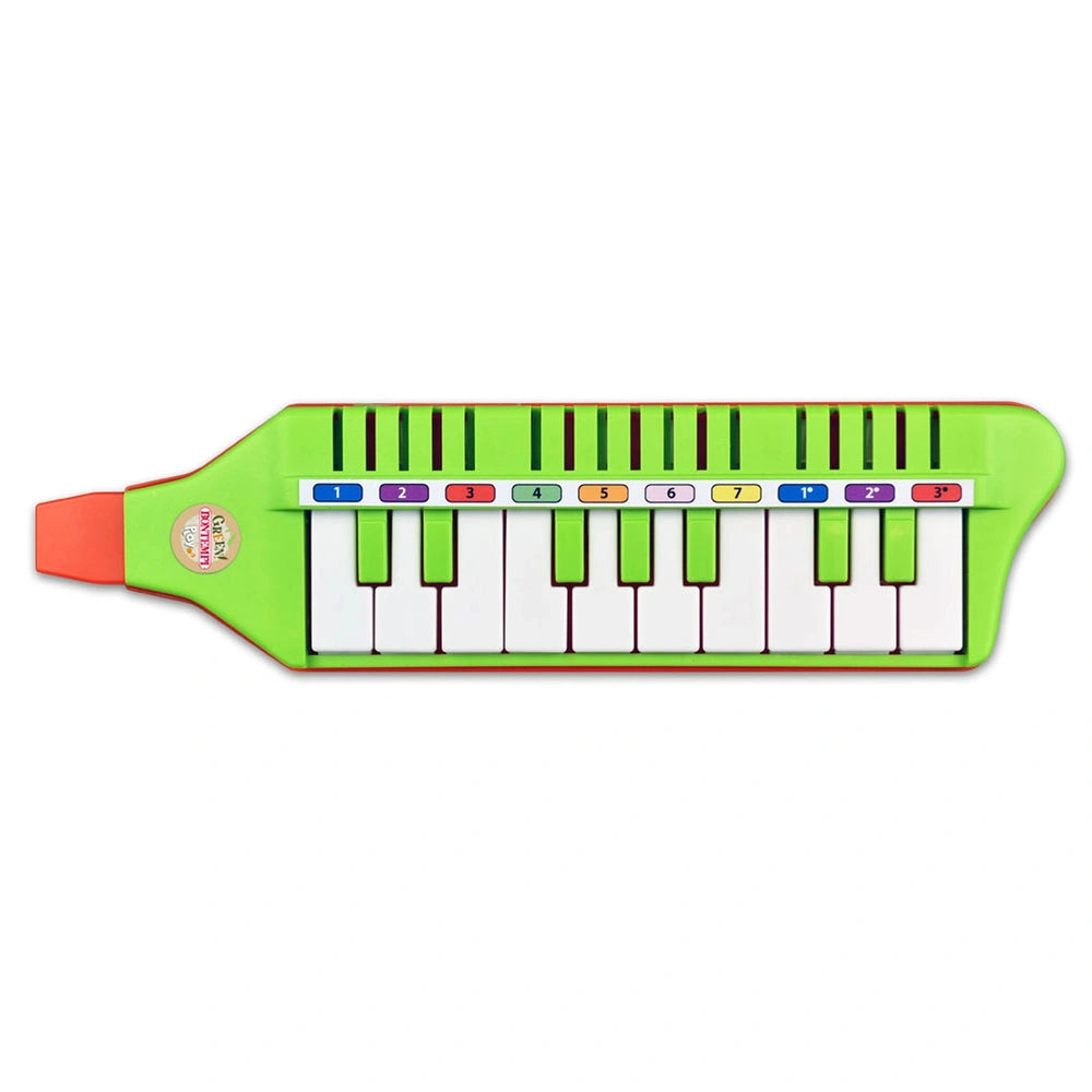 Bontempi Mouthpiano in green with 26 white keys, colored markings, and "Melody Maker" logo on the left side.