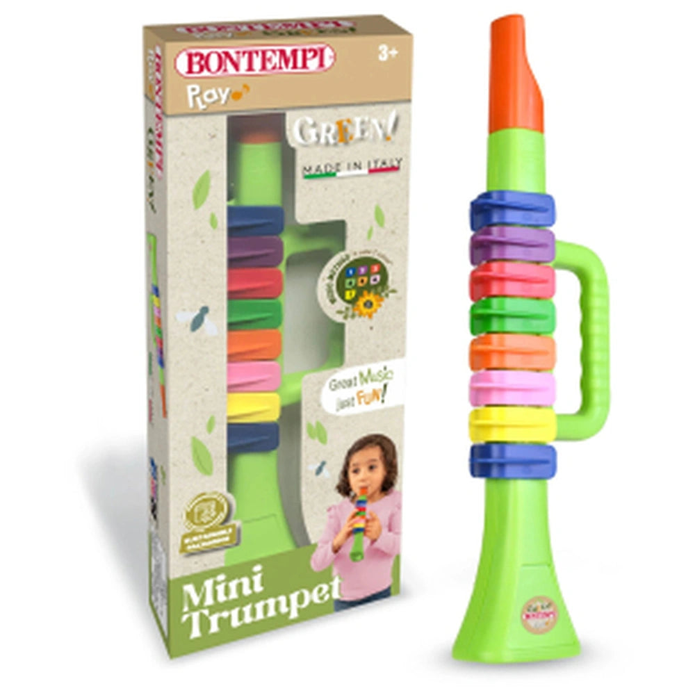 Bontempi Mouthpiano Play Green packaging features a mini trumpet, multicolored, with glossy plastic and matte cardboard mater