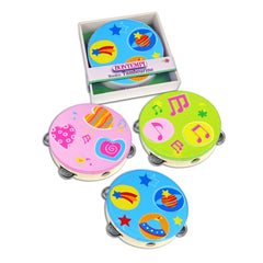 Bontempi wooden tambourine in a cardboard box with a clear window, featuring colorful printed plastic lids and branding.