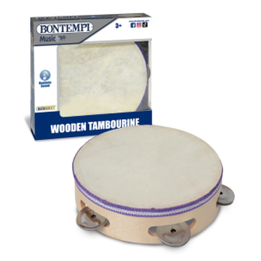 Bontempi wooden tambourine with blue and white packaging, featuring metal jingler and rings, labeled for ages 3+.