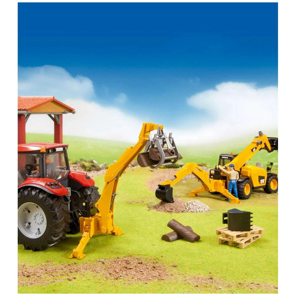 Yellow hydraulic arms attached to toy tractors lifting logs on a green field under a blue sky, simulating farming activities.