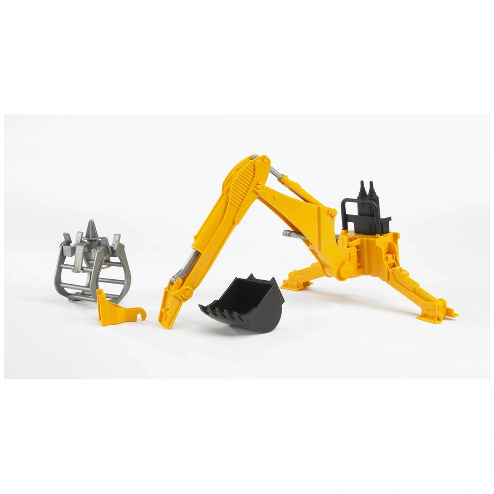 Yellow Bruder rear hydraulic arm with black bucket and gray grabber attachment on white background.