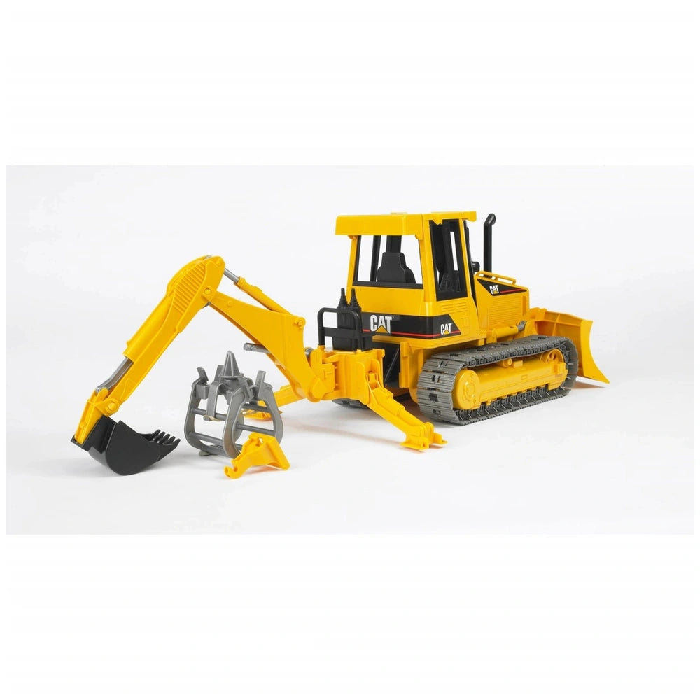 Yellow Bruder play vehicle with a rear hydraulic arm, bucket, and grabber accessory, on a white background.