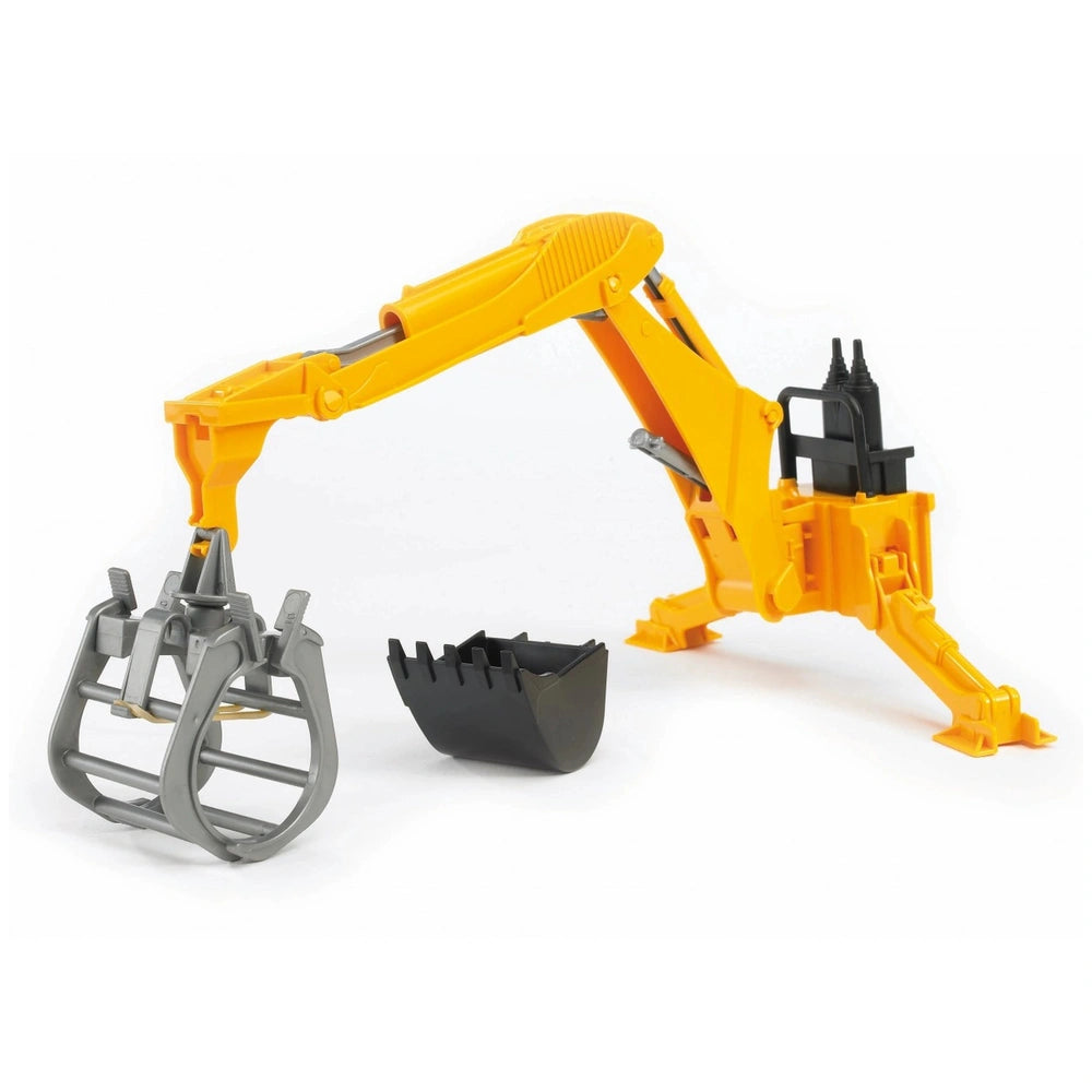 Yellow hydraulic arm toy with gray grabber and black bucket attachments for Bruder vehicles.