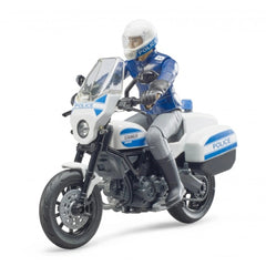 Police officer figure on a white Scrambler Ducati motorcycle toy, featuring blue accents and police markings.