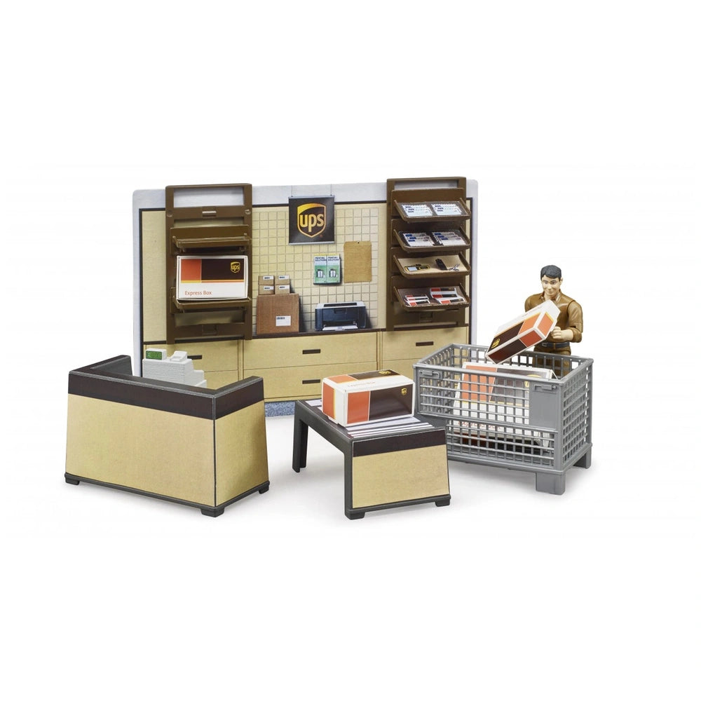 Bruder UPS parcel shop playset with figure, shelves, and packages for imaginative role-play.