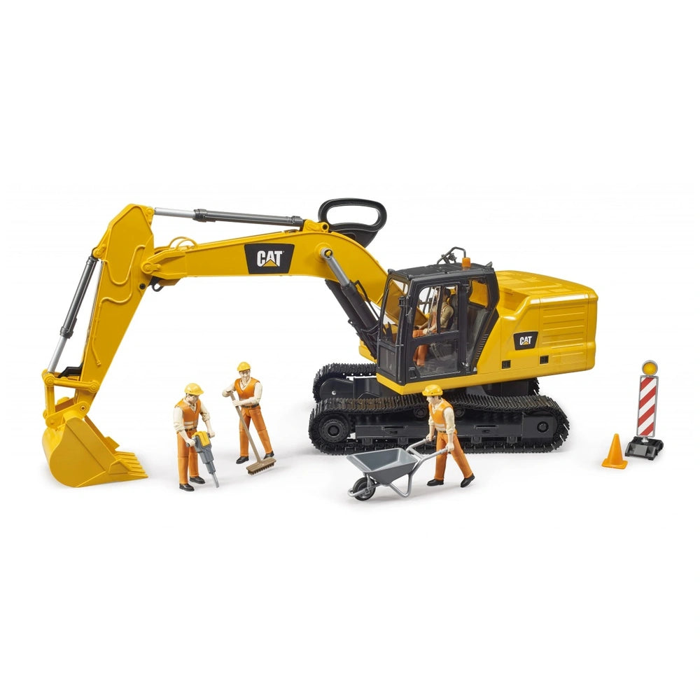 Yellow Bruder CAT Excavator toy with figures in construction gear, wheelbarrow, and safety cone on a white background.