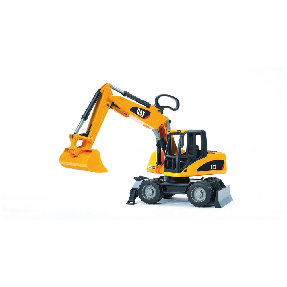 Yellow Bruder CAT Wheel Excavator toy with articulated boom and black cabin, featuring realistic details and sturdy support legs.