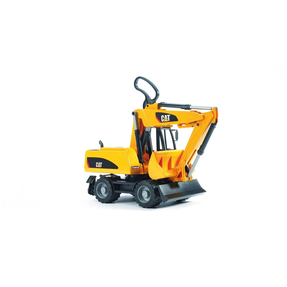 Yellow Bruder CAT® Wheel Excavator toy with detailed features, including articulated steering and support legs, on a white background.