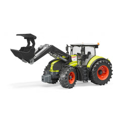 Bruder Claas Axion 950 tractor toy with frontloader, lime green and black, detailed design with red wheels.