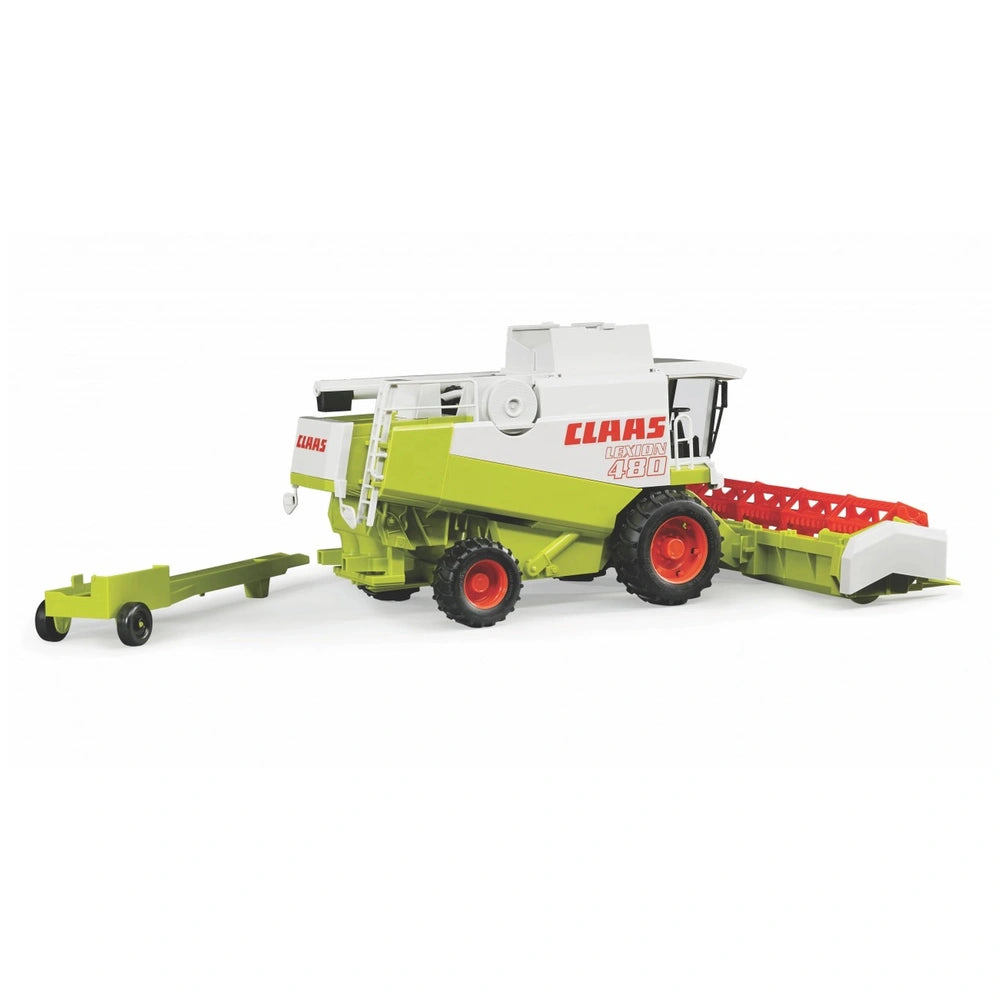 Bruder Claas Lexion 480 toy harvester, white and green with red wheels, features realistic farming details.