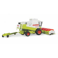 Bruder Claas Lexion 480 toy harvester, white and green with red wheels, features realistic farming details.