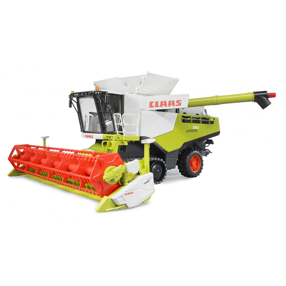 Bruder Claas Lexion 780 toy harvester with red reel and green-white body, featuring Terra Trac caterpillar tracks.